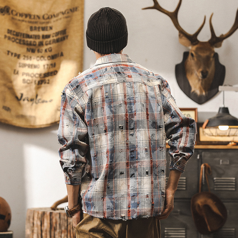 美式重磅復古色織格子襯衫男秋季潮牌破洞設計感寬鬆痞帥襯衣外套