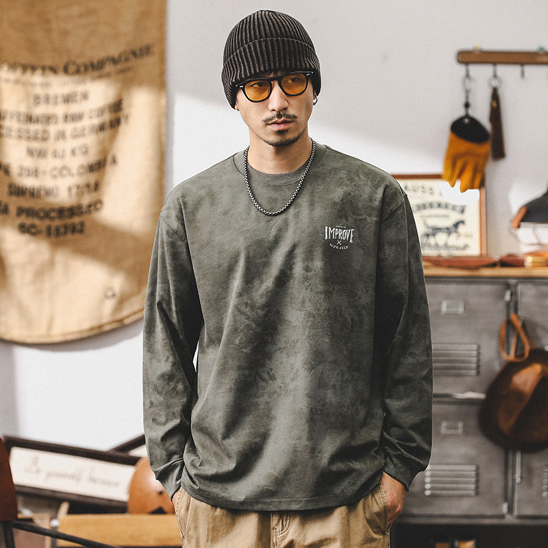 杰雷諾美式復古長袖T恤男秋季270g重磅寬鬆潮牌雲染洗褪男士上衣T