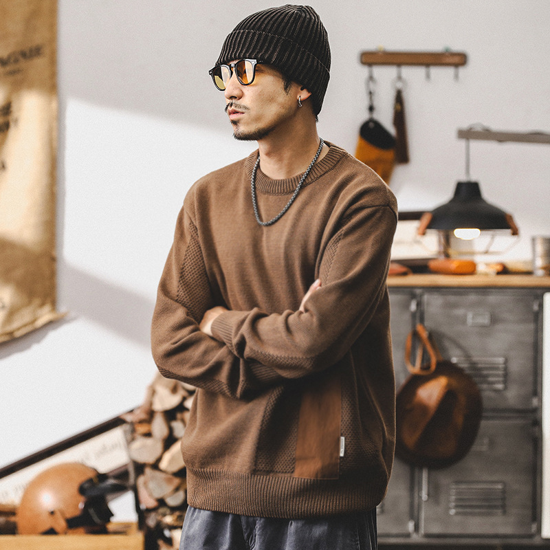 美式復古重磅針織衫男款冬季潮牌口袋拼接毛衣慵懶風男士寬鬆上衣