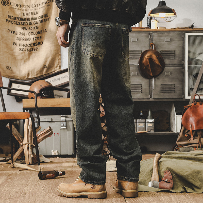 美式復古水洗黃泥色直筒牛仔褲男春秋2025新款潮牌寬鬆男士休閒褲