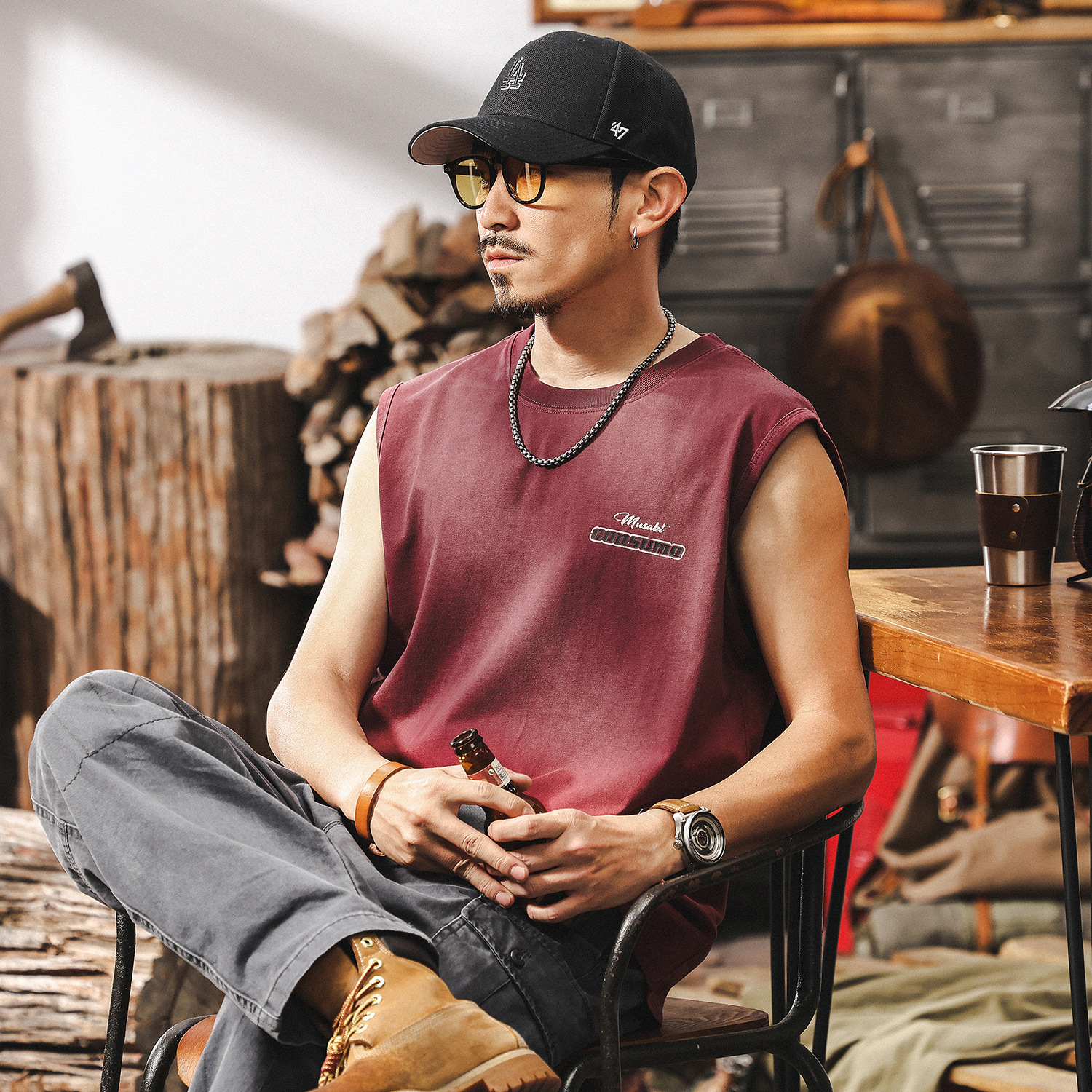 260g重磅無袖T恤男夏季2025新款潮牌漸變水洗運動健身背心男