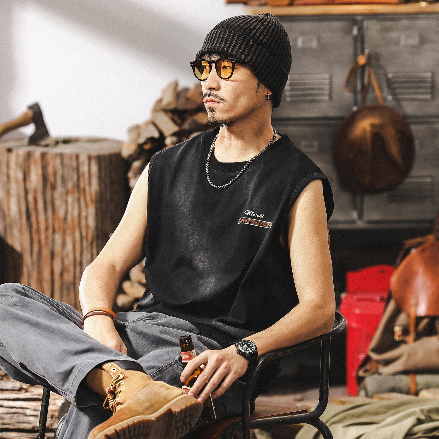 美式重磅無袖T恤男夏季2025新款潮流高街痞帥運動健身背心男