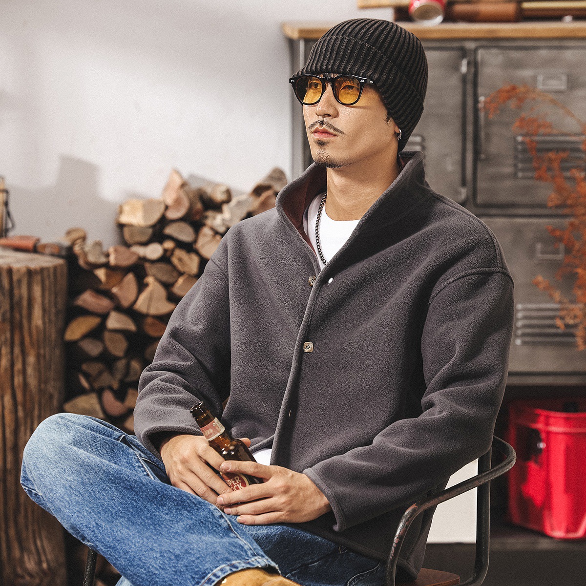 美式復古重磅保暖內膽戶外抓絨衣男冬季加厚內搭搖粒絨休閒外套男