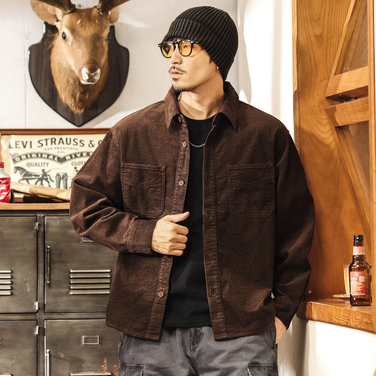 美拉德復古仿羊毛燈芯絨條紋襯衫男長袖春秋潮牌寬鬆休閒襯衣外套