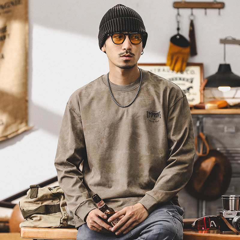 美式復古270g重磅長袖T恤男秋季潮牌雲染洗褪設計感男款寬鬆上衣