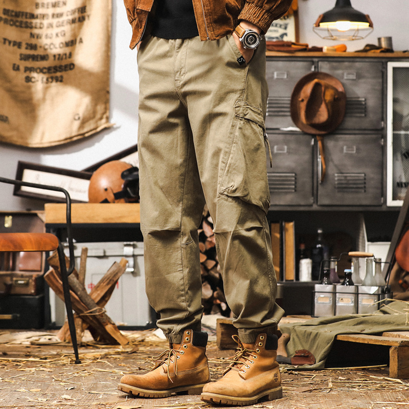 美式潮牌卡其色工裝褲子男秋季多口袋機能束腳褲戶外通勤休閒男褲