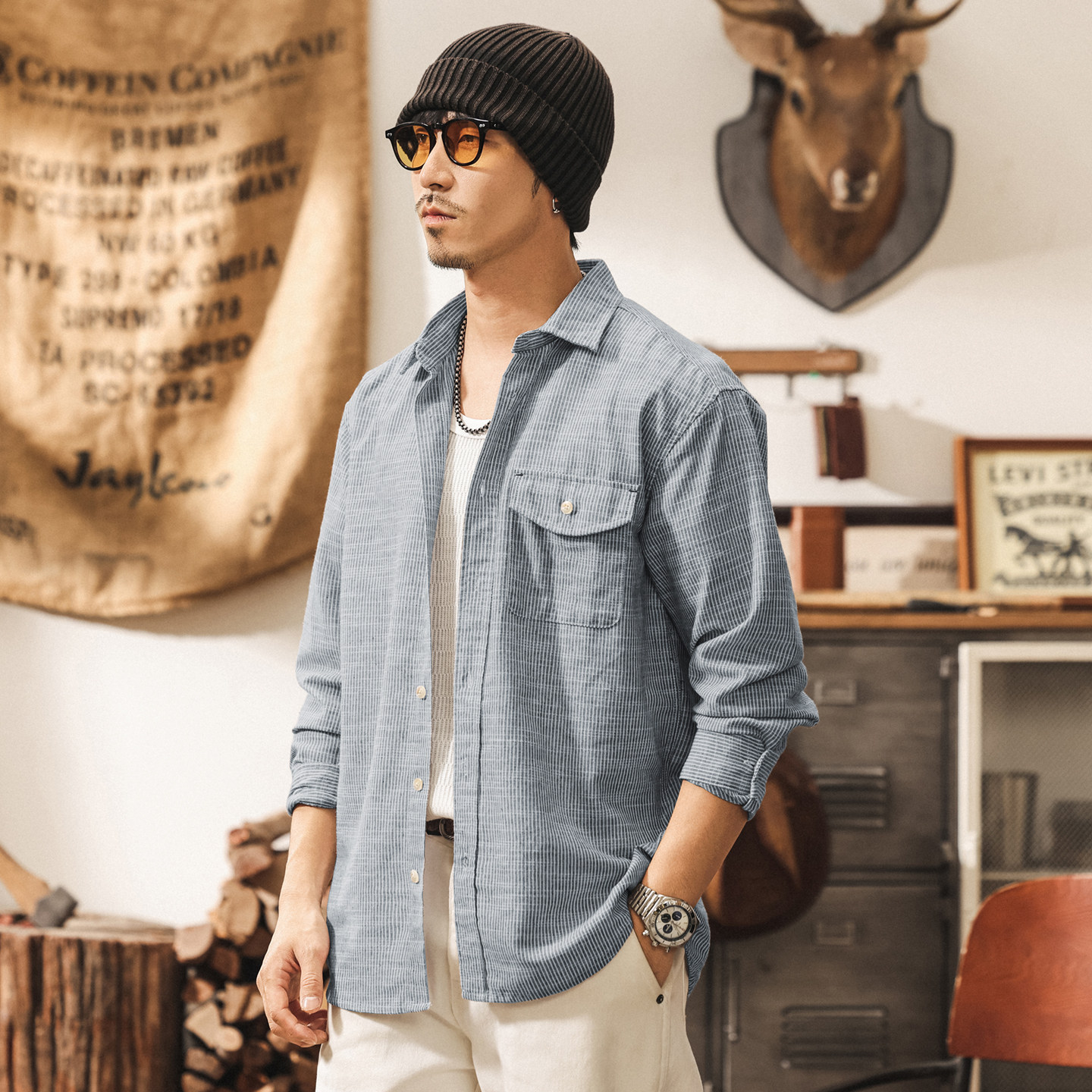 美式復古竹節紋透氣亞麻男士襯衫春季新款寬鬆長袖條紋襯衣男薄款