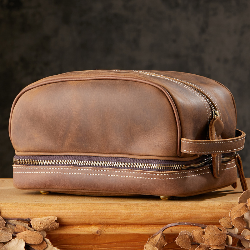 手工瘋馬皮多功能洗漱包男真皮出差旅行收納包大容量時尚化妝包女