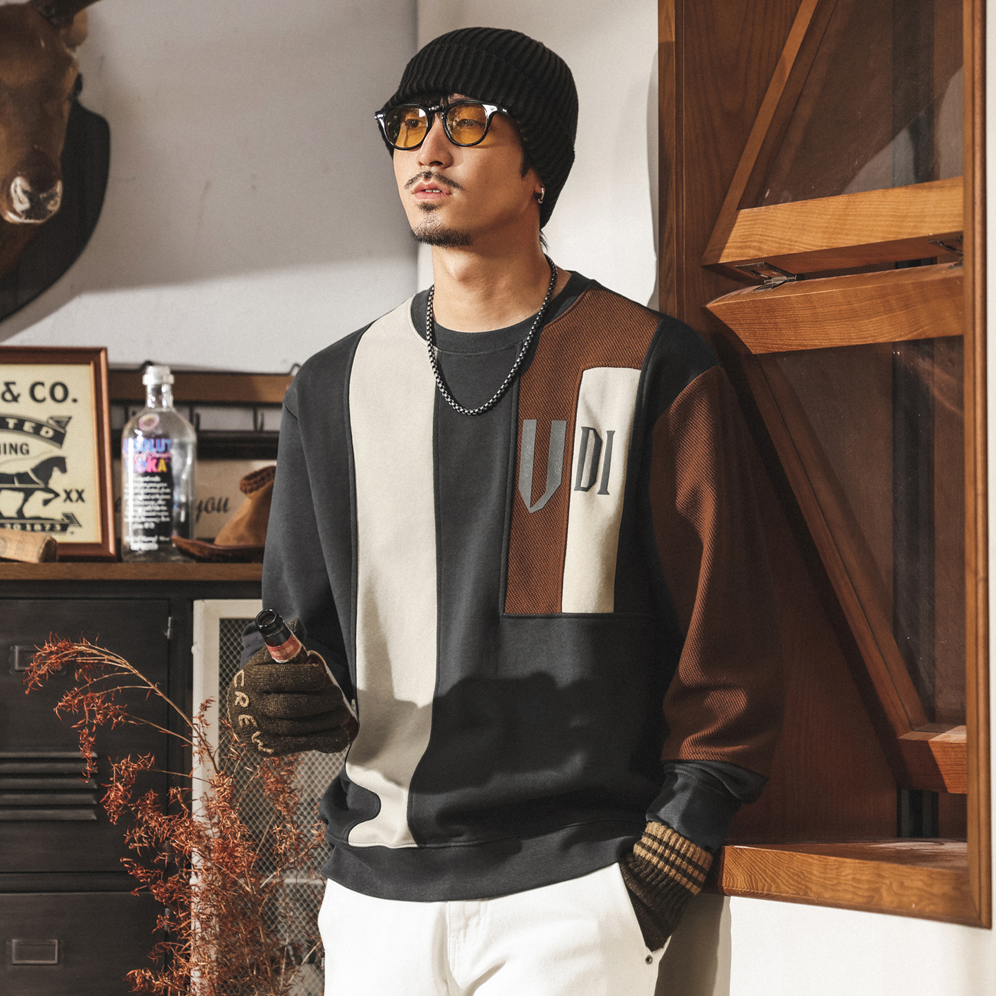 美式復古重磅衛衣男春秋款潮牌拼接結構撞色寬鬆男士上衣秋季外套