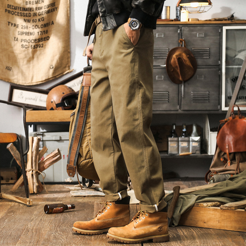 美式復古簡約百搭工裝休閒褲男秋季寬鬆潮牌2024新款卡其色褲子男