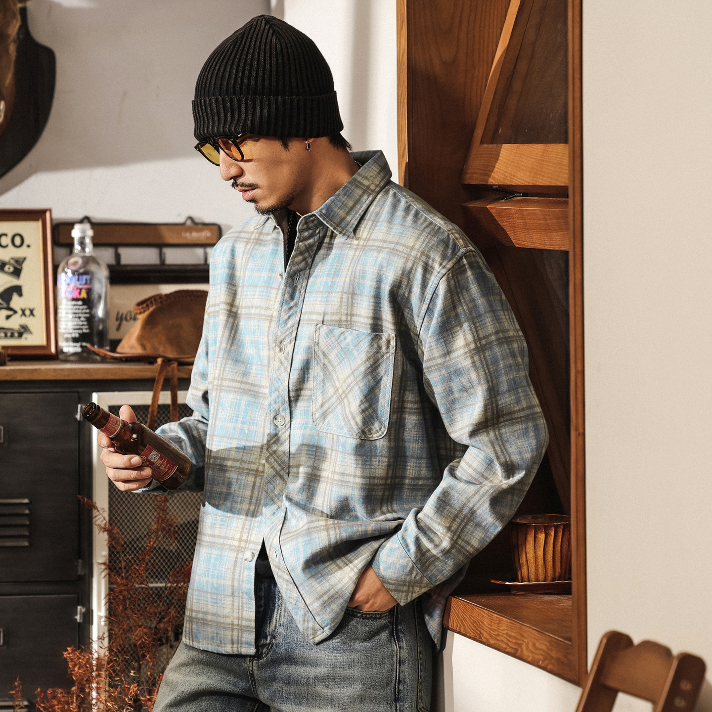 美式復古斜紋萊賽爾色織格子襯衫男長袖2025新款潮牌寬鬆襯衣外套