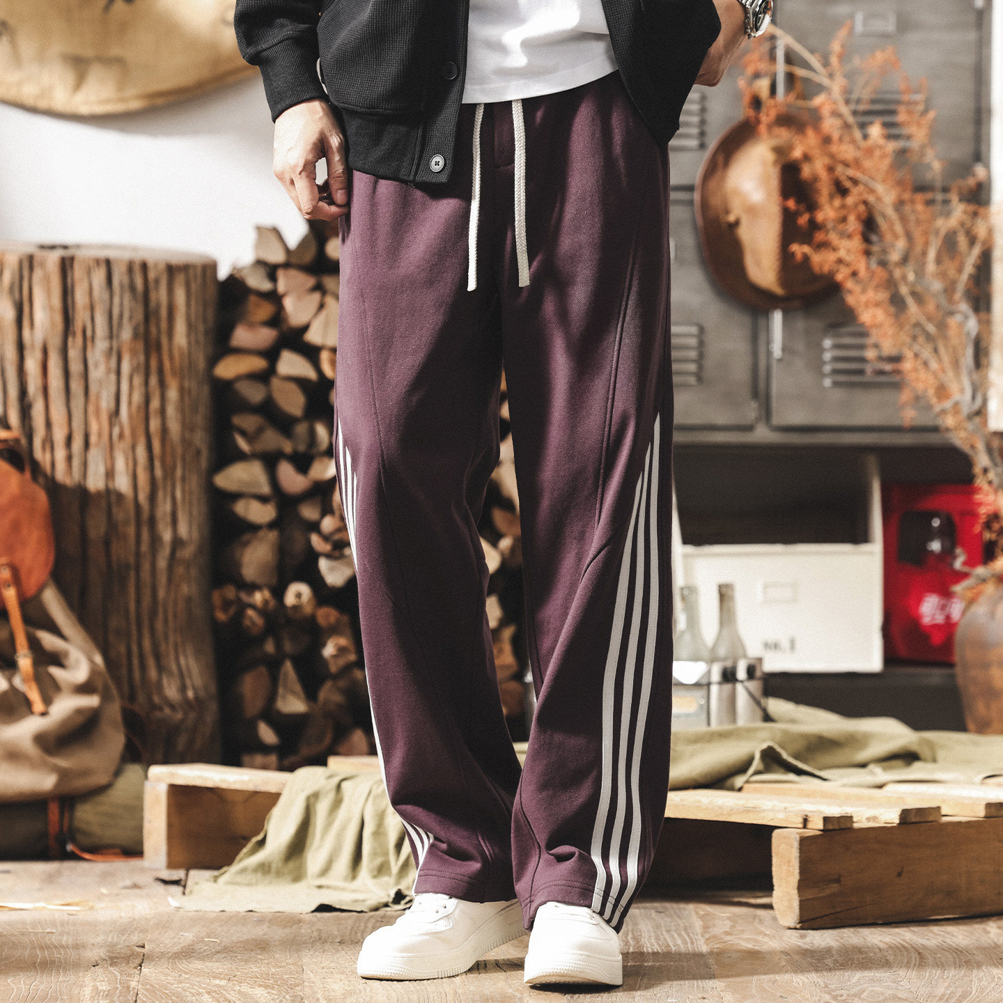 美式復古條紋運動厚棉褲男2026春季潮流新款直筒男士褲子寬鬆休閒