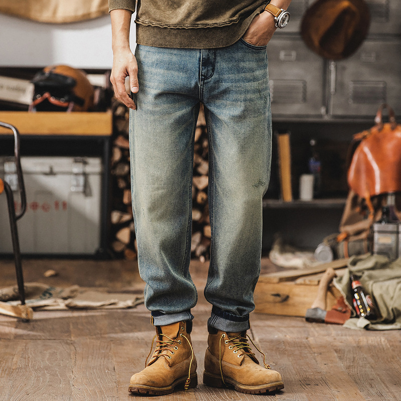 春季新款泥染復古牛仔褲男寬鬆直筒潮牌褲子男春秋做舊水洗休閒褲