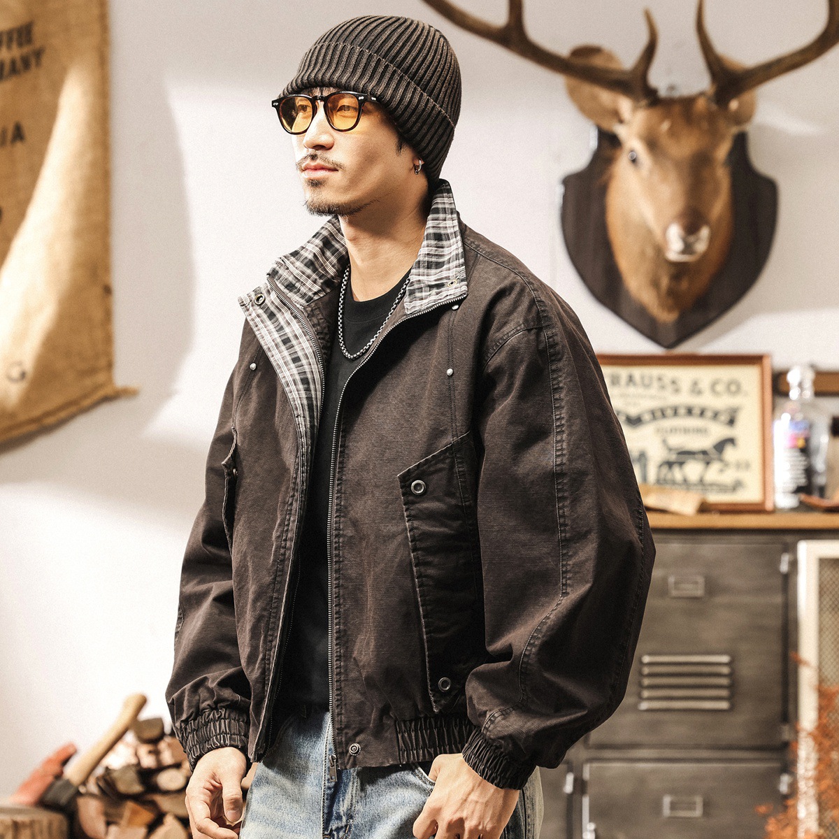 美式復古重磅工裝夾克男寬鬆秋冬款潮牌格紋飛行員短款秋季外套男