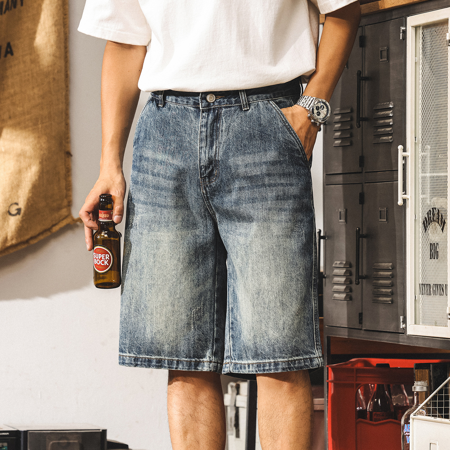 美式復古水洗牛仔短褲男夏季潮牌新款直筒五分褲男款寬鬆休閒中褲