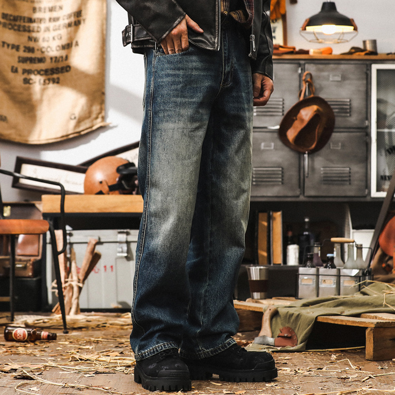 美式經典復古牛仔褲男寬鬆直筒2024新款褲子男秋季漸變水洗休閒褲