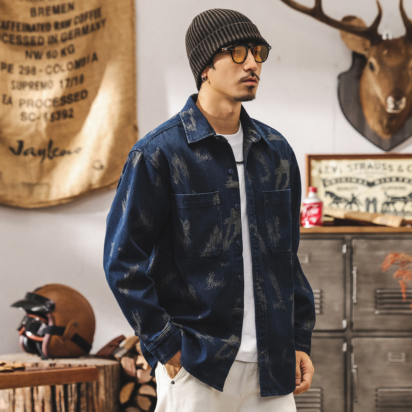 美式復古色織提花牛仔襯衫男長袖2025新款寬鬆工裝襯衣男春秋外套