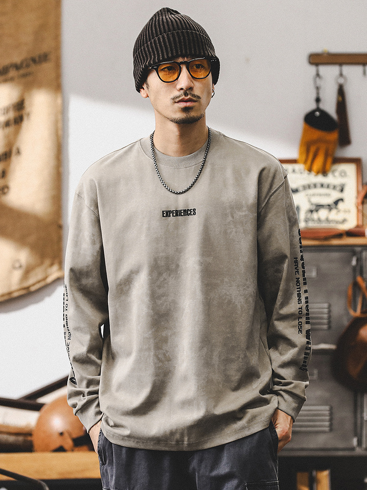 美式復古重磅長袖T恤男秋季2024新款潮牌雲染印花寬鬆休閒上衣男T