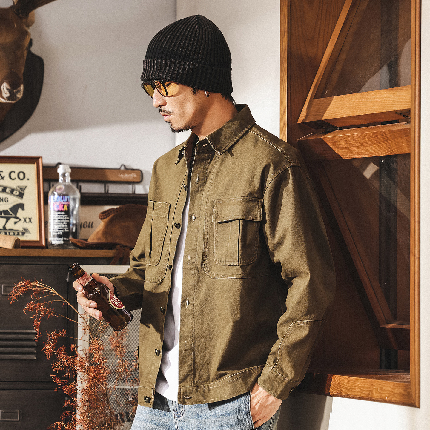 美式復古重磅工裝襯衫男長袖春秋新款潮牌寬鬆硬漢獵裝夾克外套男