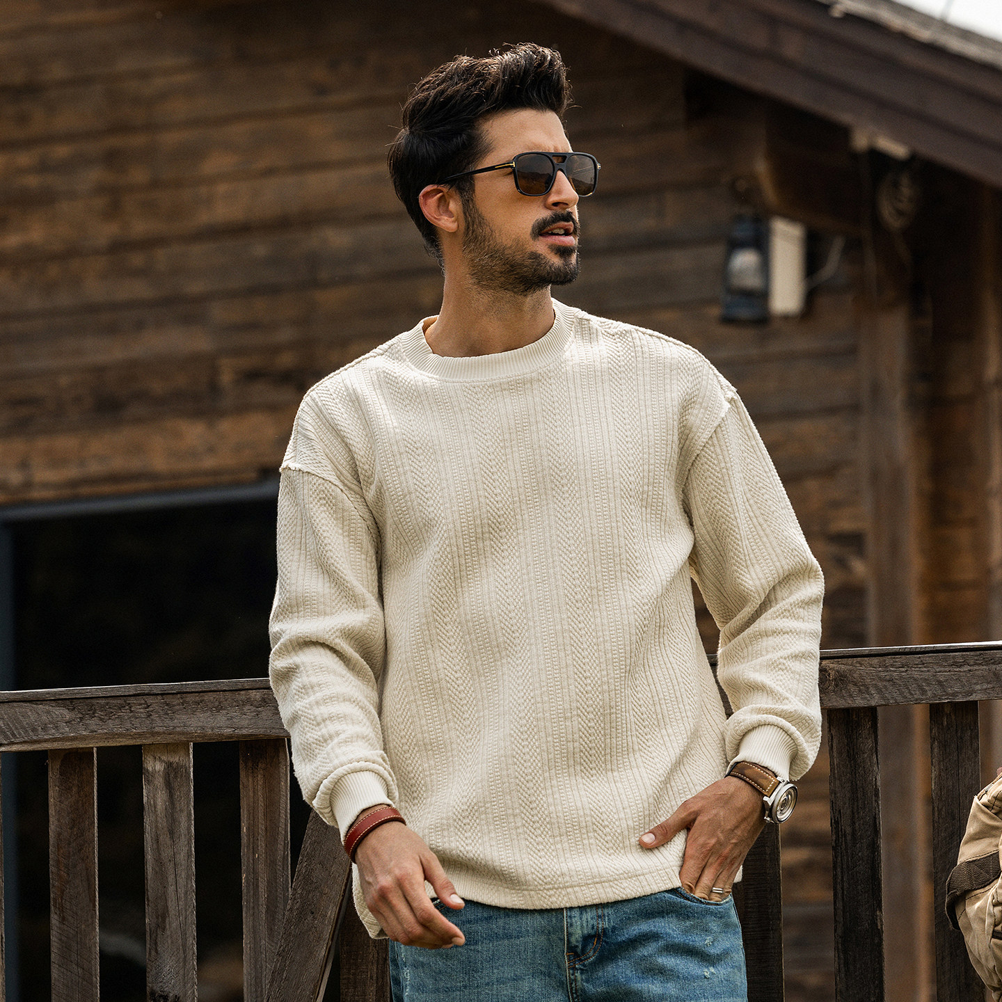 美式復古長袖T恤男春季新款慵懶風針織提花衛衣男士重磅寬鬆上衣