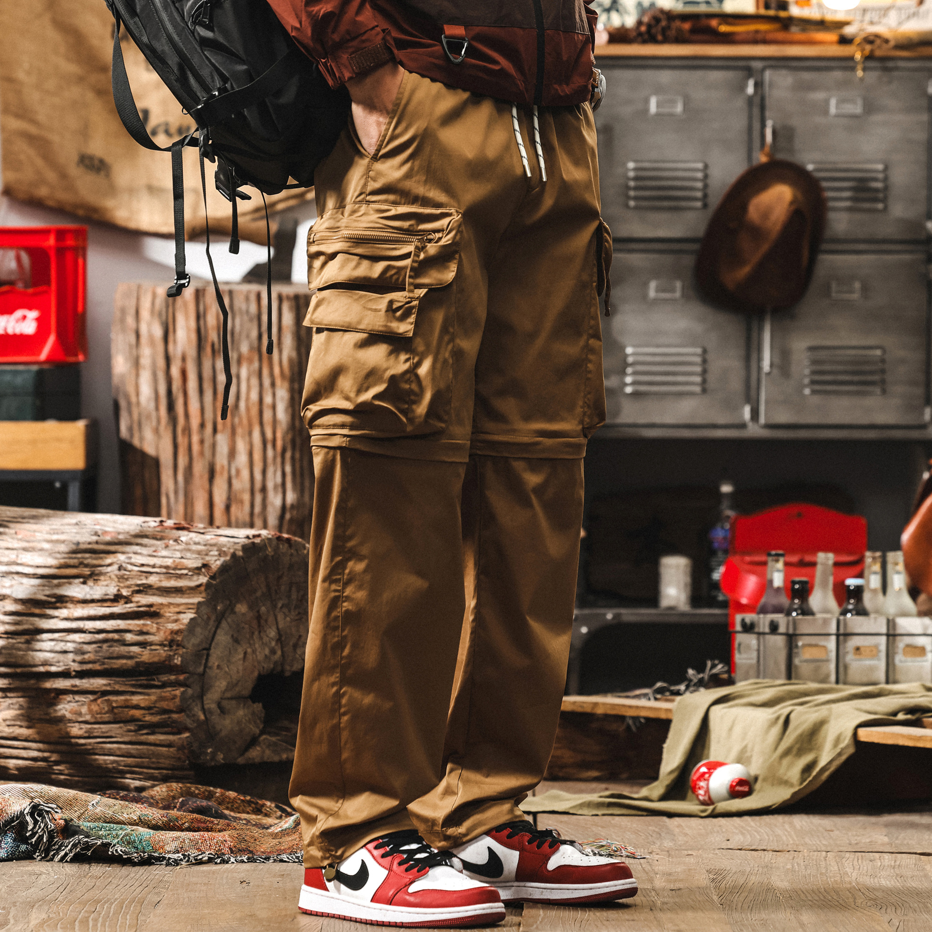 拼接可拆卸工裝褲男夏季涼感冰絲褲寬鬆直筒褲子男潮牌美式休閒褲