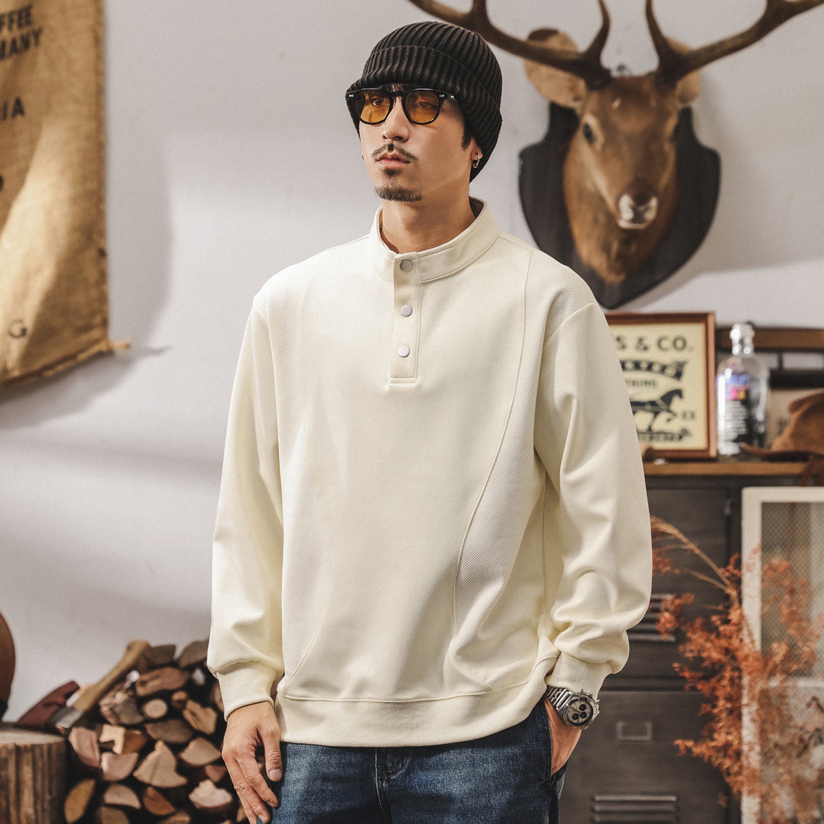 美式復古黑色亨利領衛衣男春秋新款長袖Polo衫立領寬鬆休閒上衣男