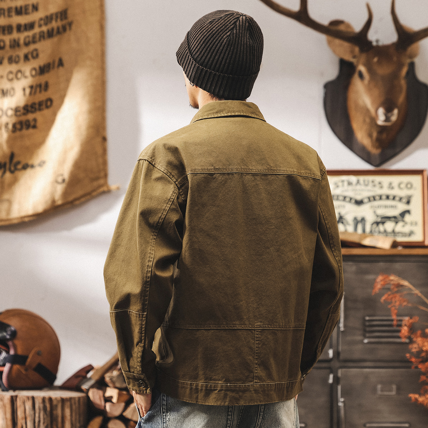 美式復古重磅工裝襯衫男長袖春秋新款潮牌寬鬆硬漢獵裝夾克外套男