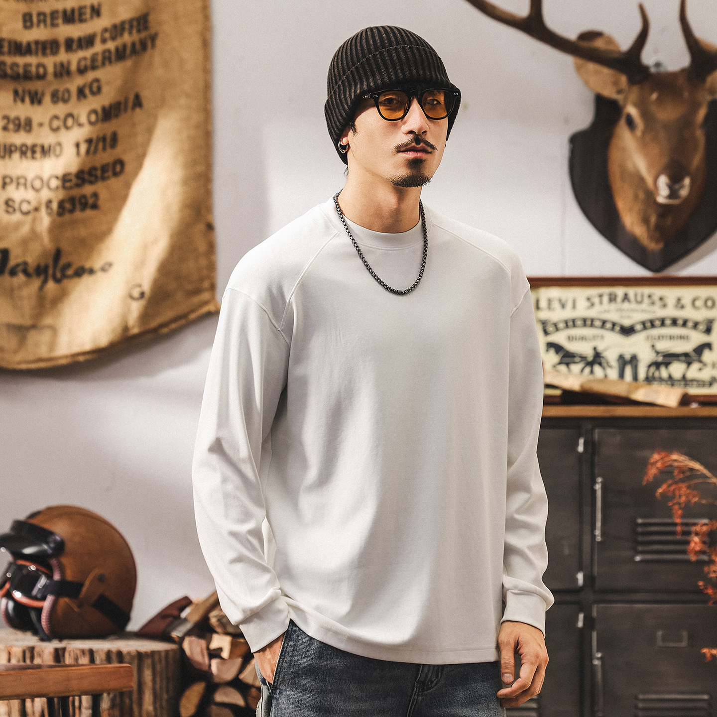 親膚軟糯莫代爾300g重磅衛衣男春秋新款寬鬆暖絨內搭T恤打底衫男