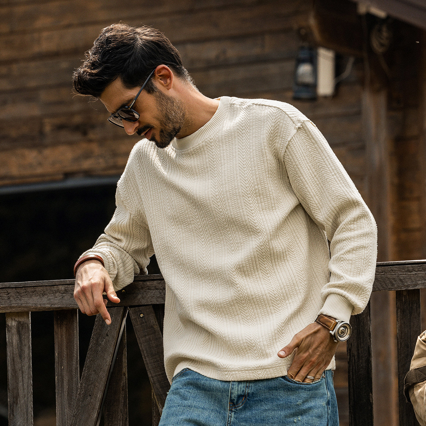 美式復古長袖T恤男春季新款慵懶風針織提花衛衣男士重磅寬鬆上衣