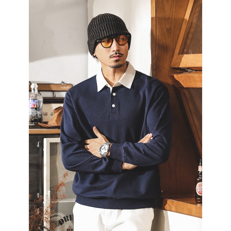 美式復古280g重磅衛衣男春秋款寬鬆撞色翻領Polo衫男長袖休閒上衣