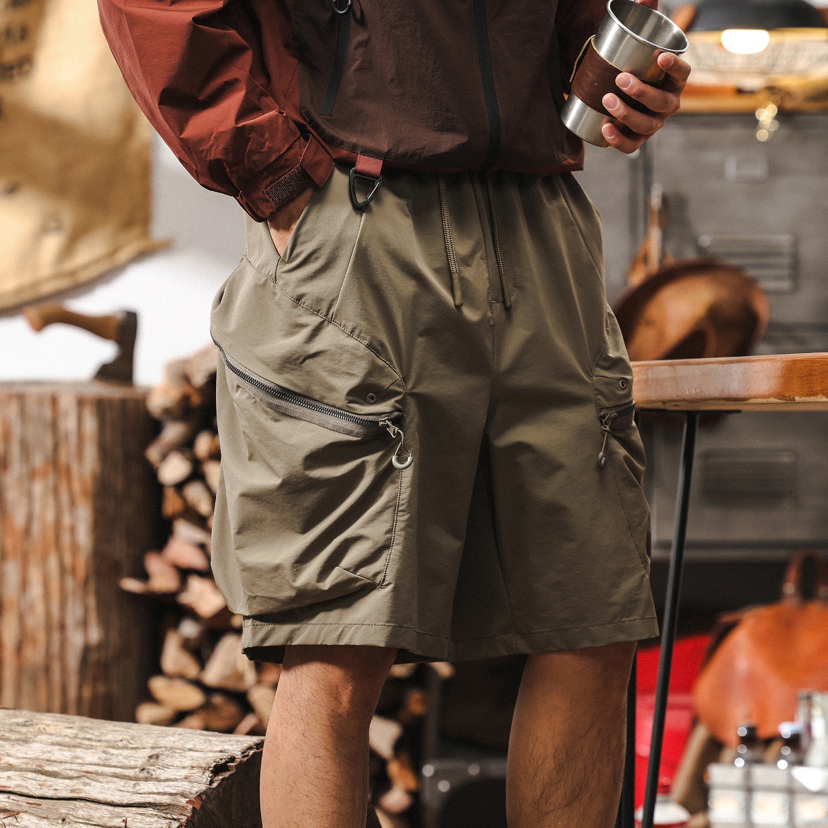 美式復古卡其色工裝短褲男款夏季潮牌戶外機能多口袋寬鬆五分褲男