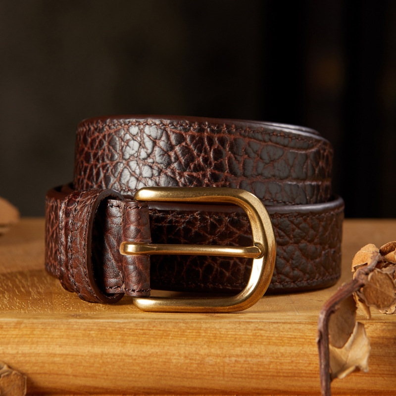 手工真皮男士野牛皮純銅扣皮帶商務休閒頭層牛皮高檔針扣腰帶潮流