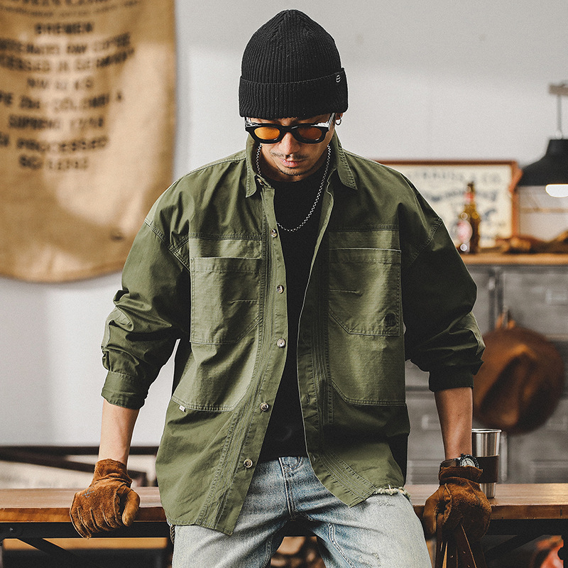 傑雷諾美式複古拼接工裝襯衫男秋季潮牌寬松休閑襯衣長袖男款外套