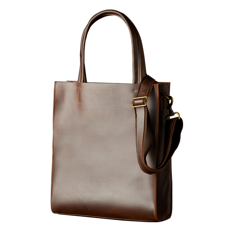 手工頭層牛皮商務通勤手提包男士單肩斜挎包復古瘋馬皮豎款公文包