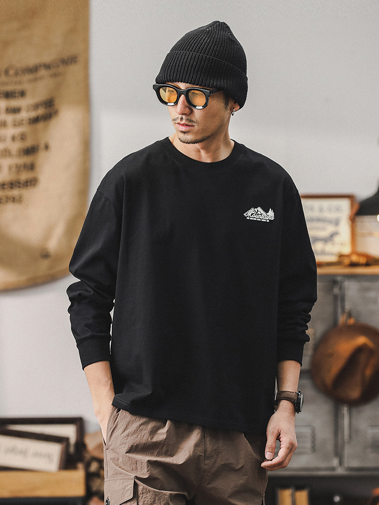 春季新款美式山系T恤男長袖寬鬆潮牌260g重磅男士上衣打底衫