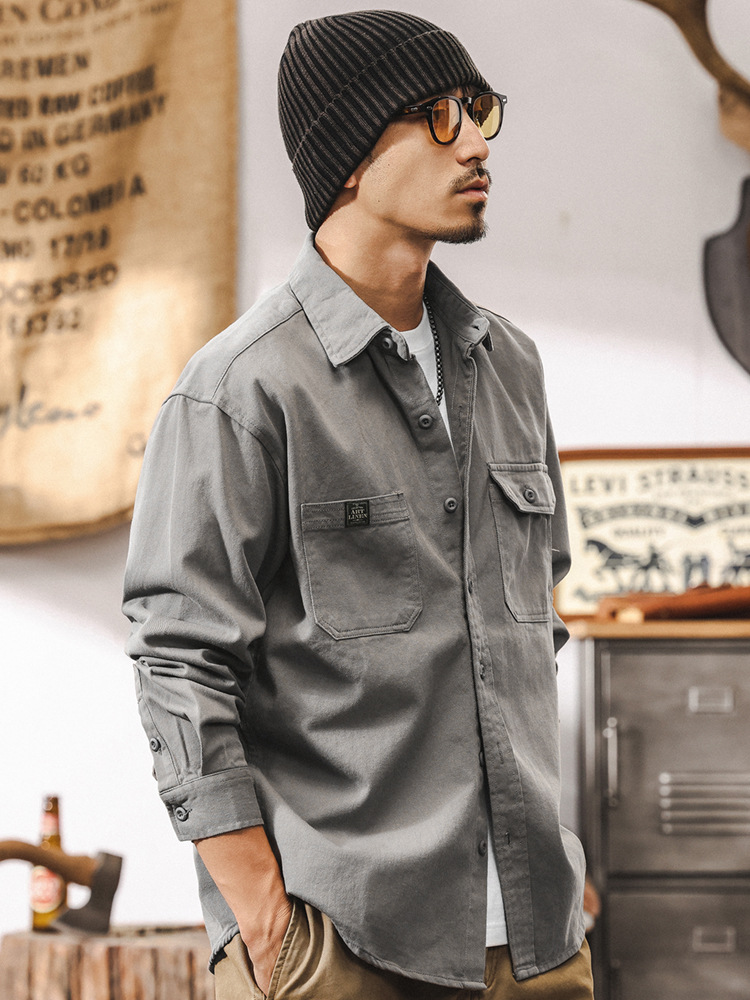 美式復古長袖襯衫男春季寬鬆休閒2025新款阿美咔嘰工裝襯衣外套男