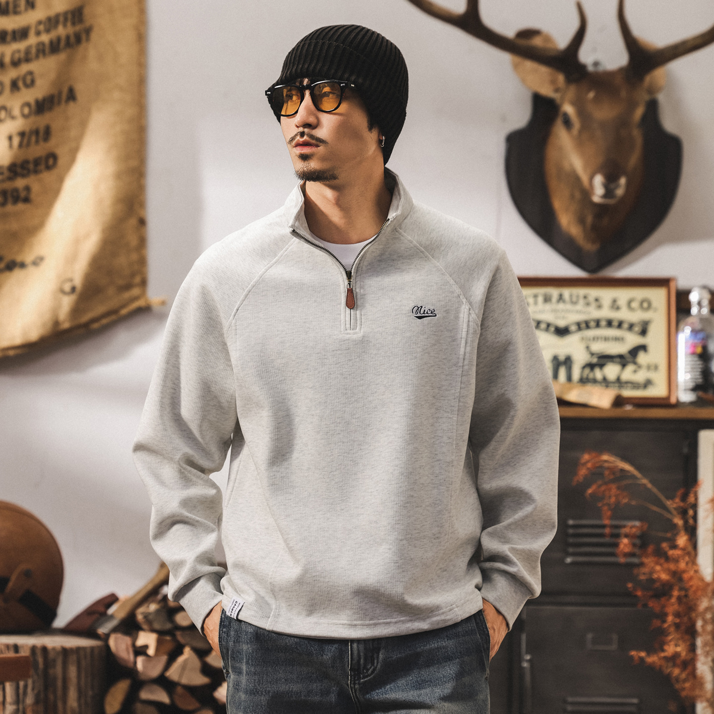 美式重磅復古立領半拉鍊衛衣男春秋潮牌新款簡約刺繡寬鬆休閒上衣