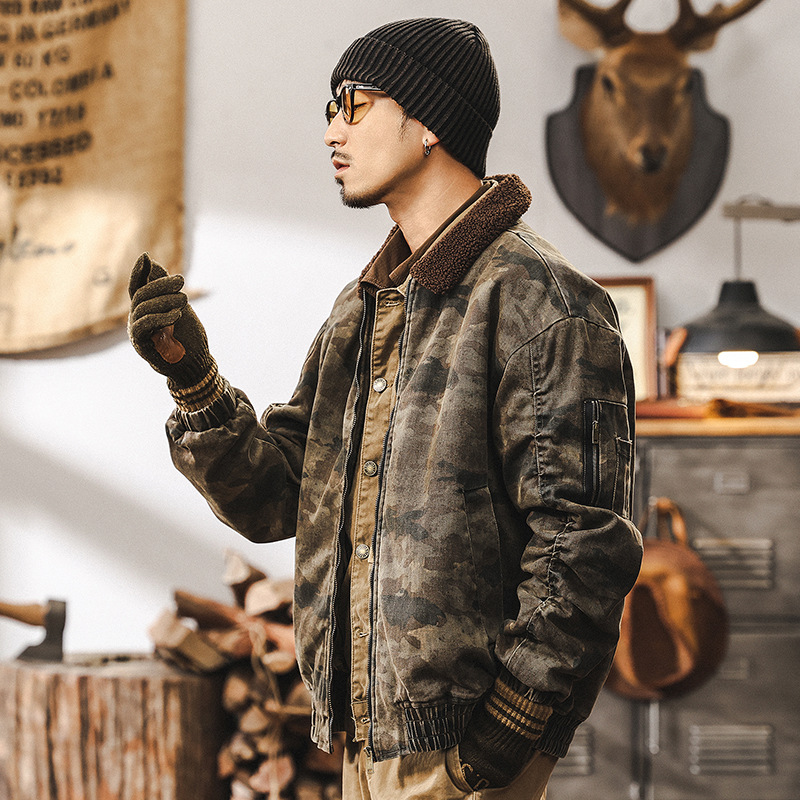 美式復古重磅羊羔絨外套男冬季加厚棉衣棉襖戶外迷彩工裝夾克棉服