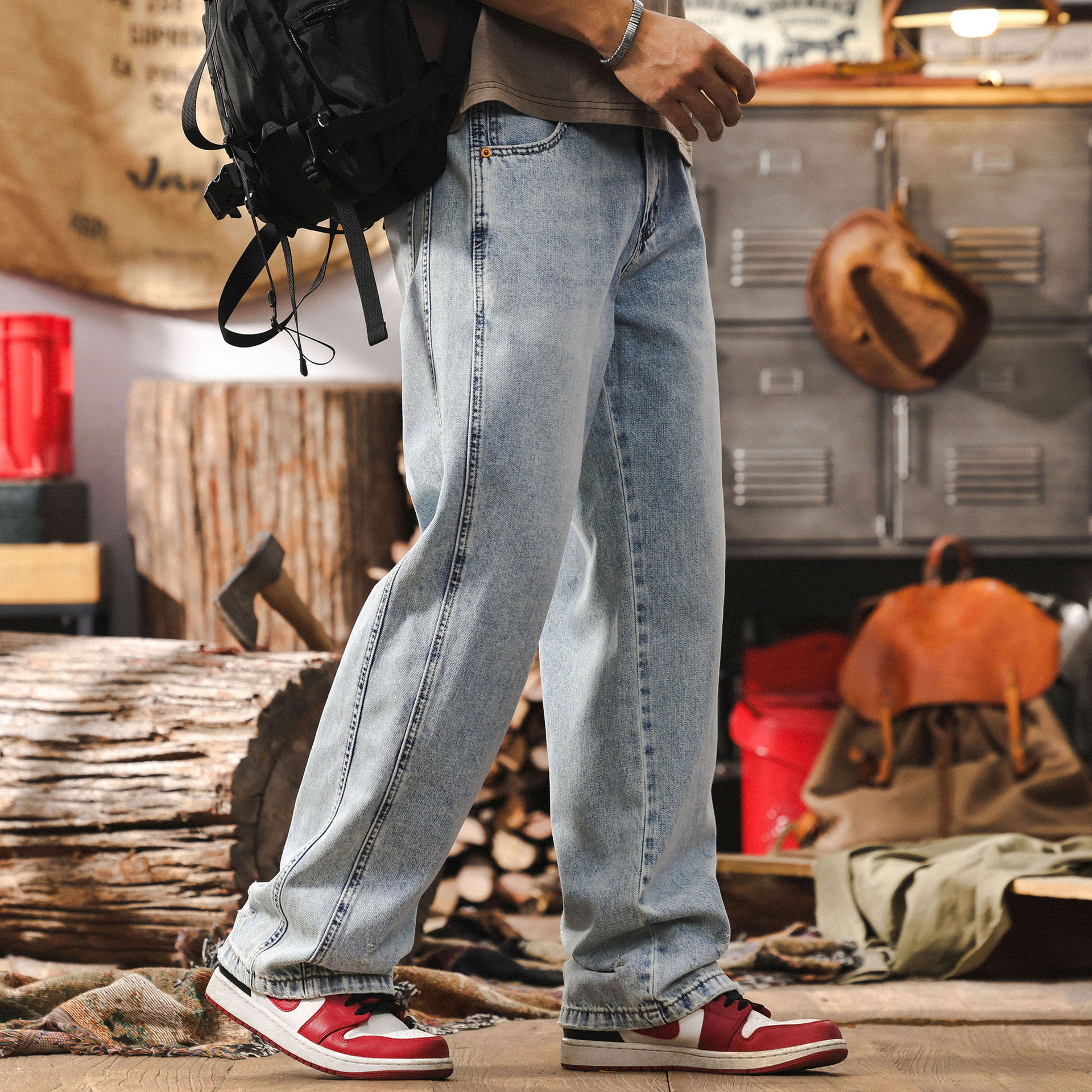 側骨拼接水洗牛仔褲男春季2025新款美式復古潮流寬鬆直筒休閒長褲