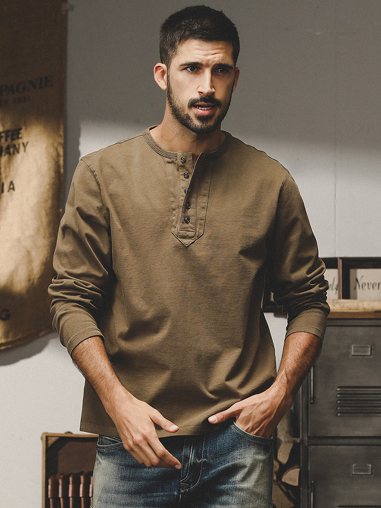 美式重磅復古長袖T恤男春秋款2024年新款潮牌水洗做舊硬漢亨利杉