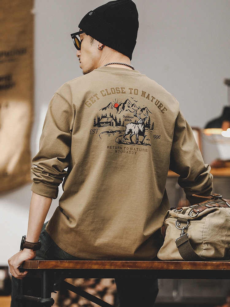 美式重磅T恤男長袖春季2024新款潮牌上衣山系印花男裝衣服男