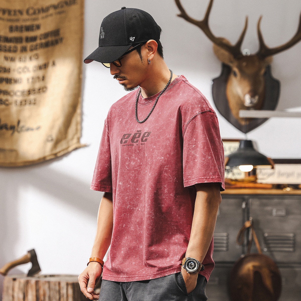 美式復古雪花做舊水洗T恤男夏季短袖2025新款潮牌寬鬆上衣男