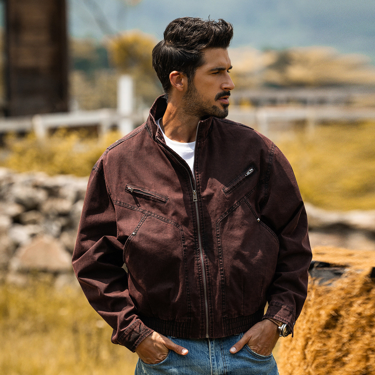 美式復古工裝夾克男春季新款寬鬆水洗勃艮第紅老錢風短款男士外套