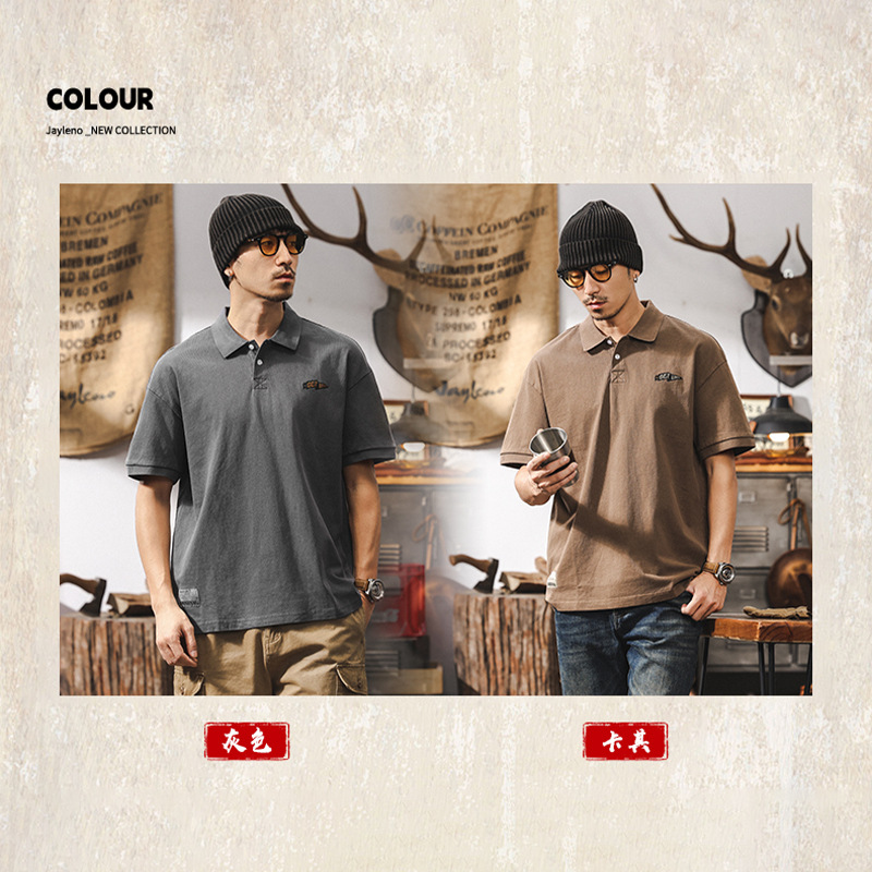 美式復古做舊炒砂水洗POLO衫男士重磅T恤男短袖夏季潮流寬鬆上衣T