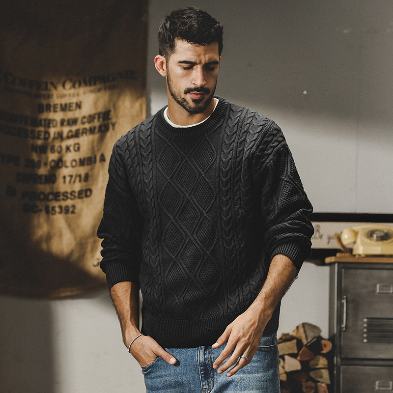 杰雷諾美式重磅經典復古毛衣男秋冬款寬鬆ins潮牌格紋針織衫外套