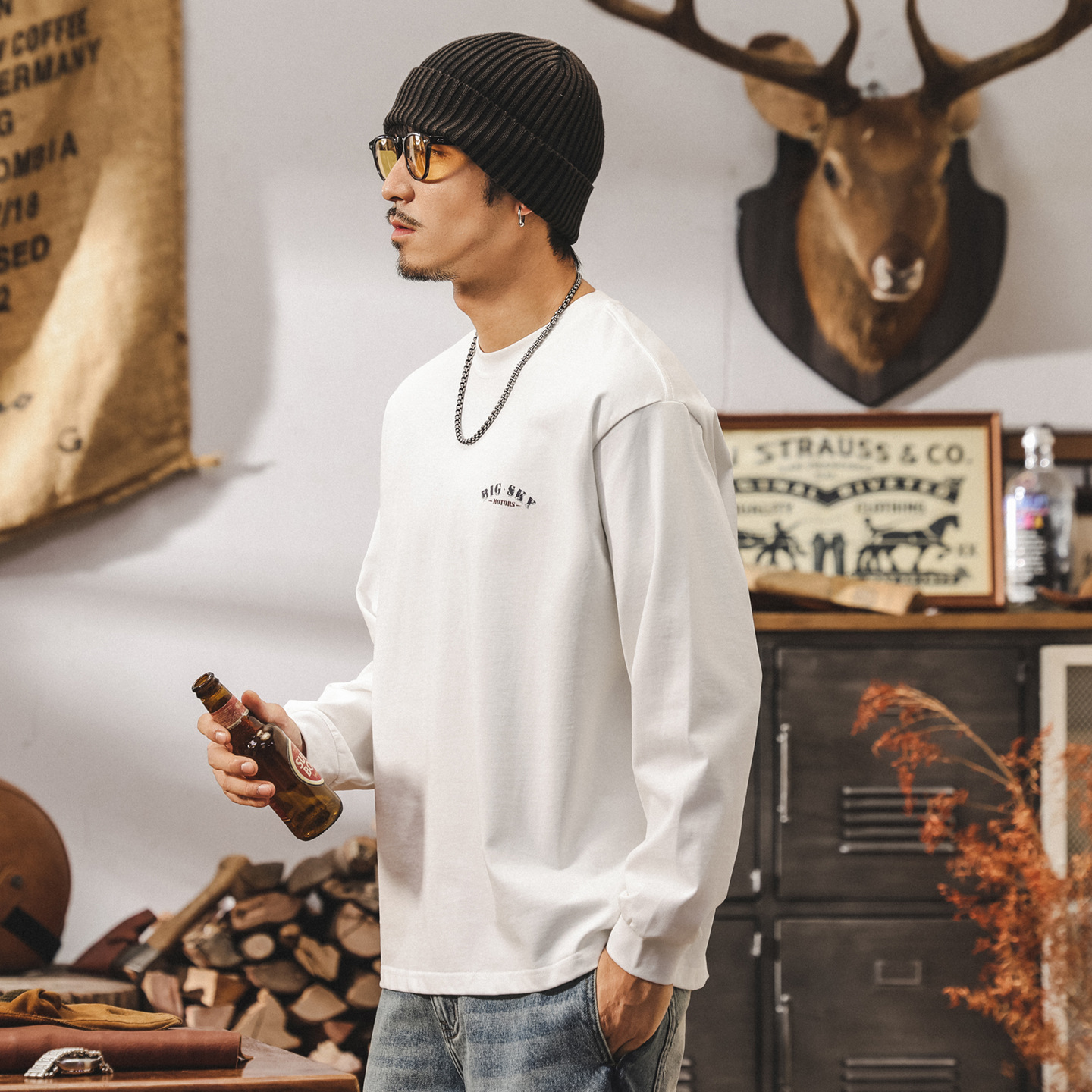 美式復古重磅t恤男長袖春秋新款潮牌機車印花寬鬆休閒純棉上衣男T