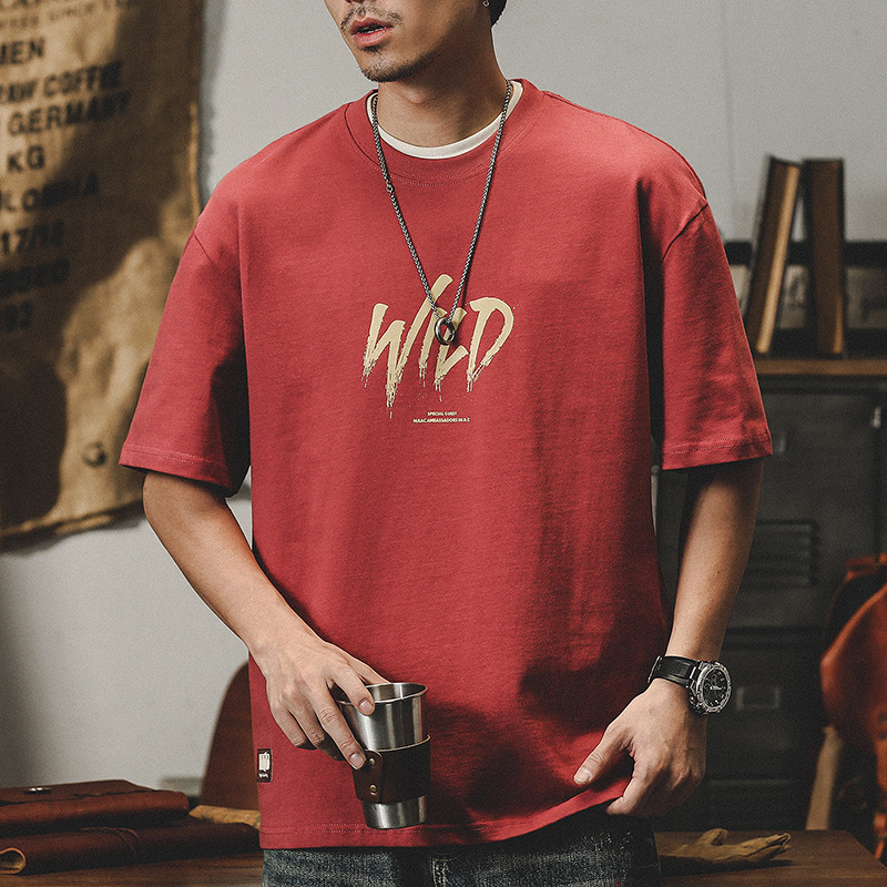 杰雷諾美式潮流紅色重磅T恤男短袖夏季潮牌塗鴉手繪印花半袖衣服