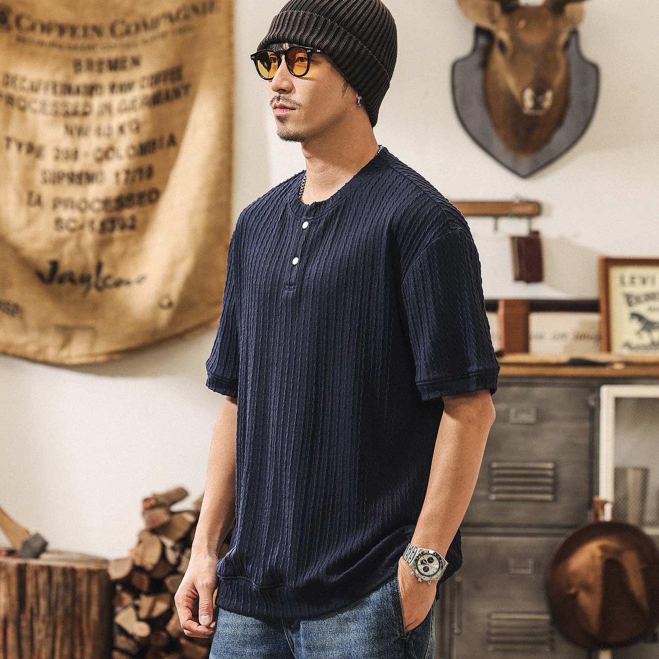 美式復古老錢風亨利領短袖Polo衫男款夏季潮牌豎紋扭花針織T恤男