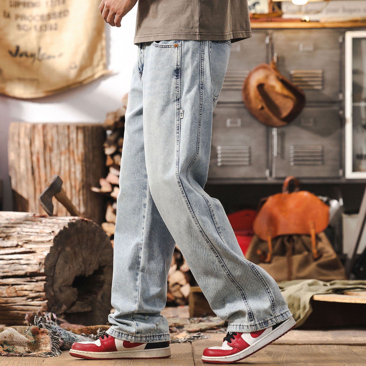 側骨拼接水洗牛仔褲男春季2025新款美式復古潮流寬鬆直筒休閒長褲