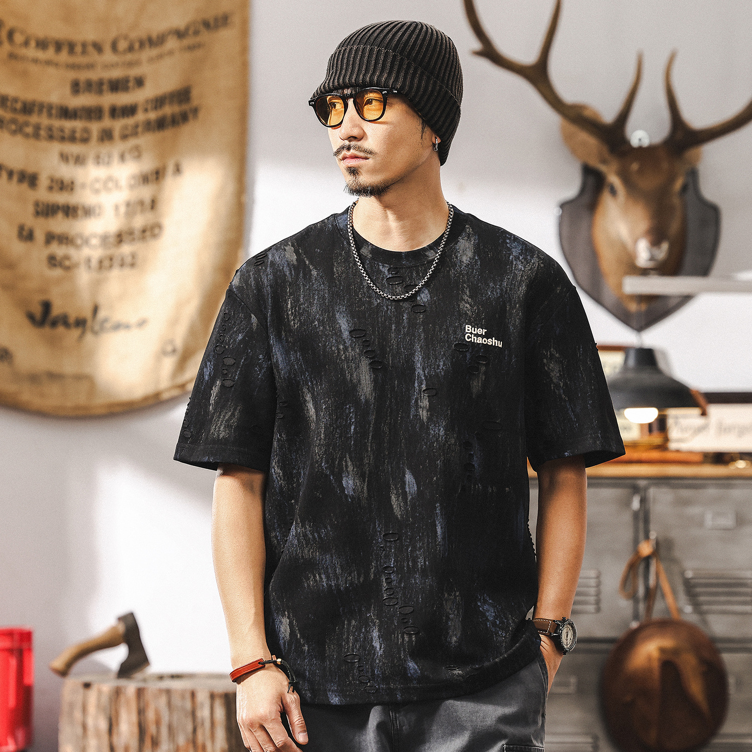 雲染洗褪破洞短袖美式高街T恤男夏季潮牌高級感提花男士休閒上衣